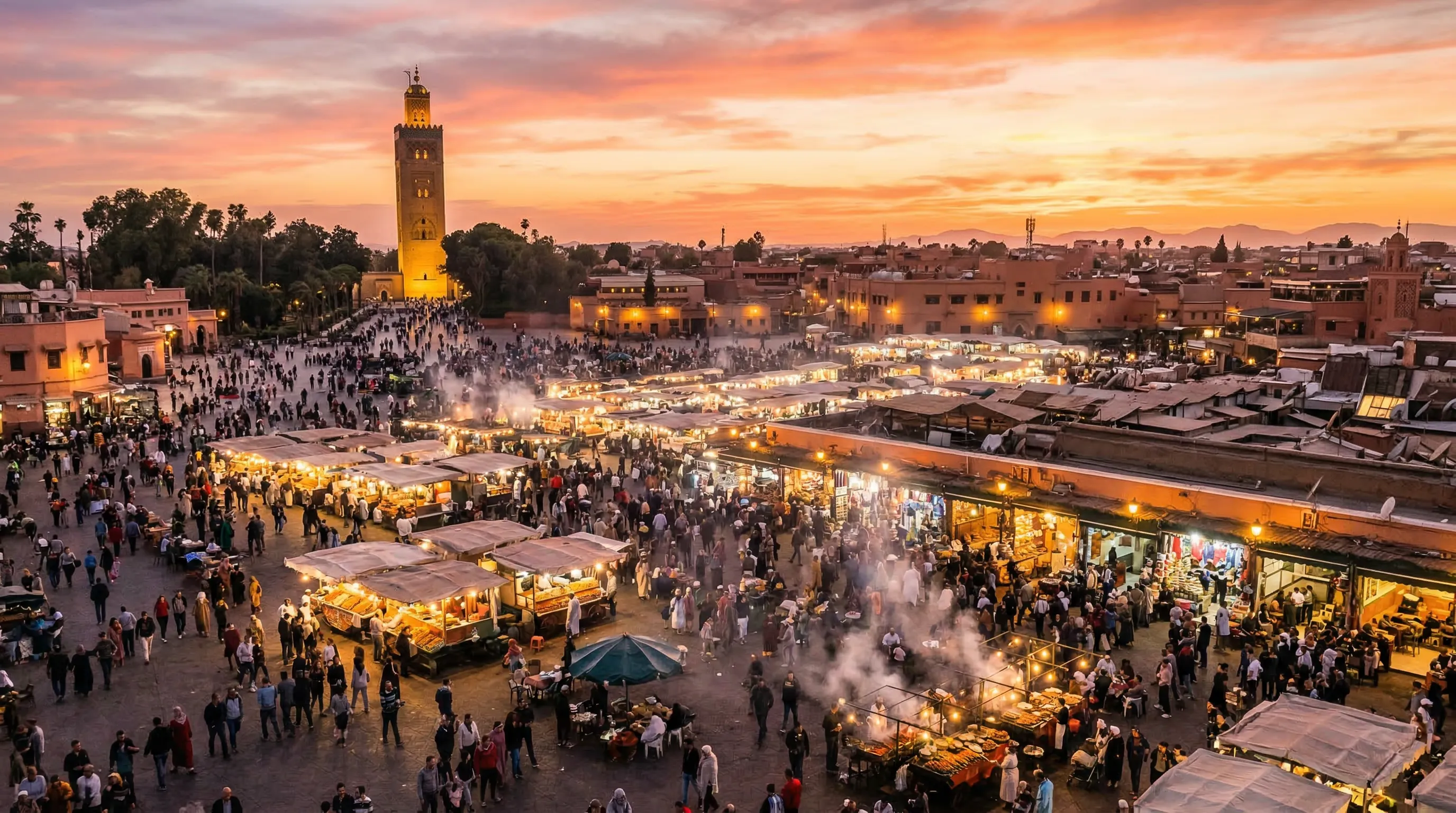 Sunset over the rooftops of Marrakech, Morocco