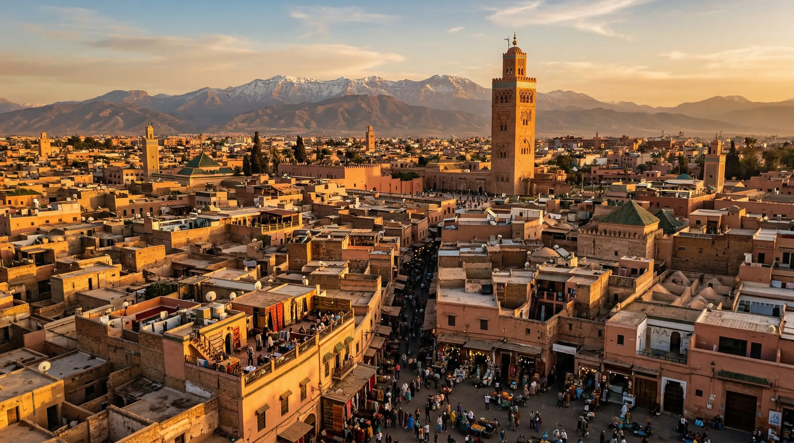 Camel trekking across Sahara dunes at sunset