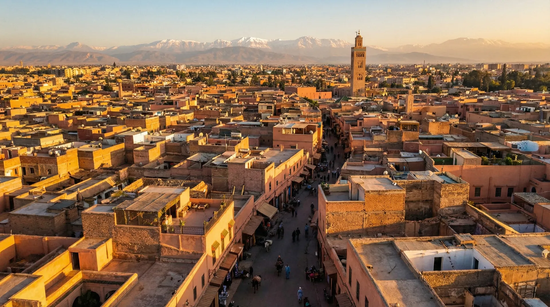 Sweeping view over Morocco — medinas, mountains and desert