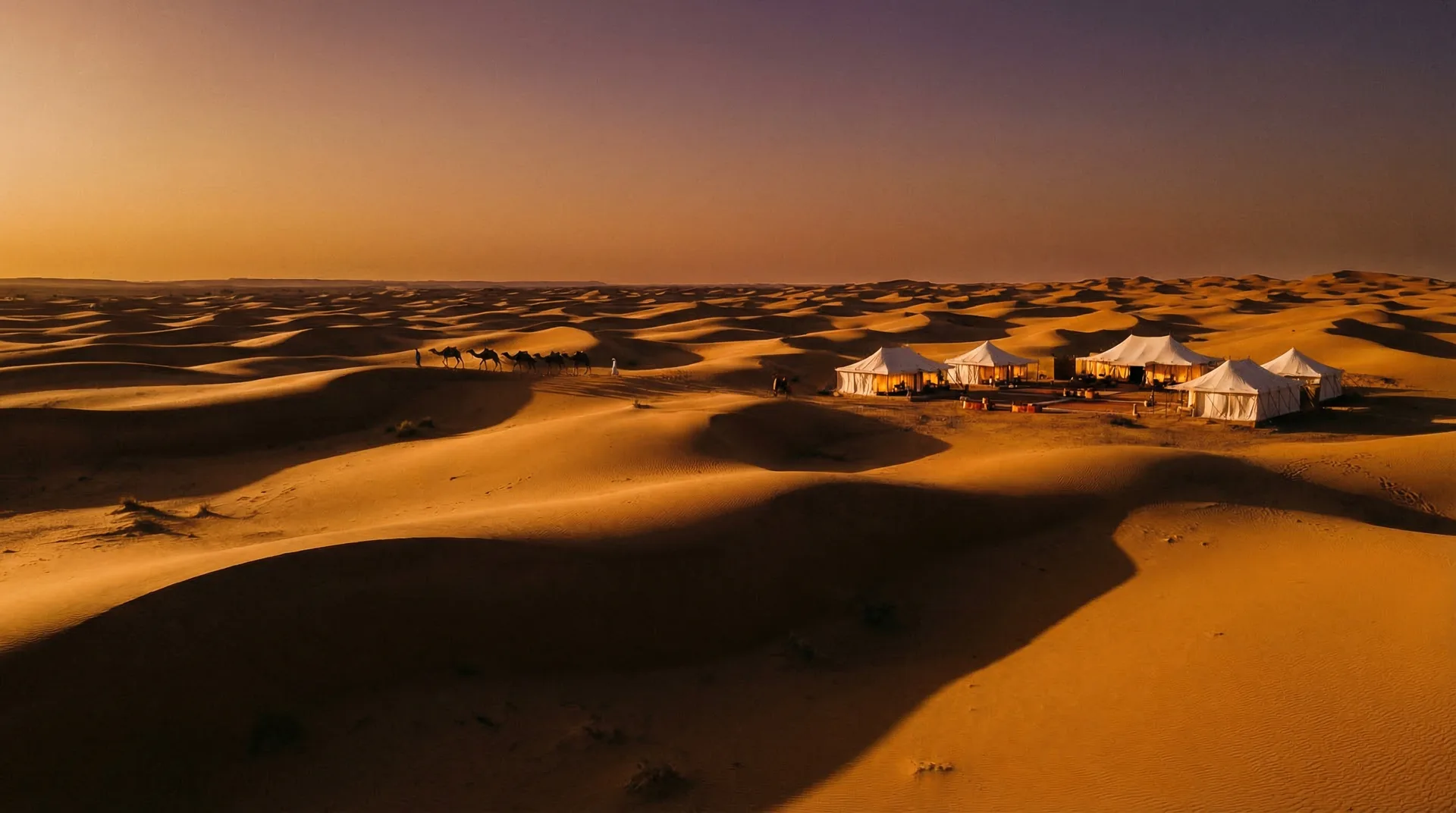 Golden hour over the Sahara dunes near Merzouga, Morocco